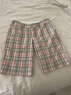 Perseption Pink and Olive Plaid Women's Bermuda Shorts